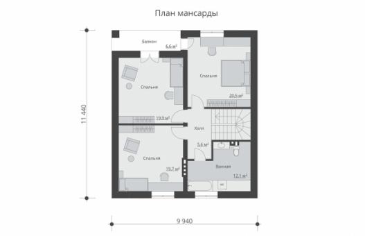 Одноэтажный дом с мансардой, эркером, террасой и балконом